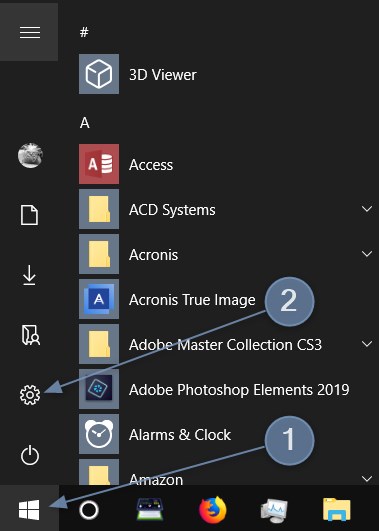 First click on the Windows 10 Start menu, then select the Settings gear icon.